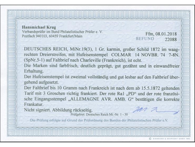 “COLMAR 24.NOVBR.74” (Spalink 5-1) zweimal klar auf waagerechtem Dreierstreifen großer Schild 1 Gr. karmin als tarifgerechte 
