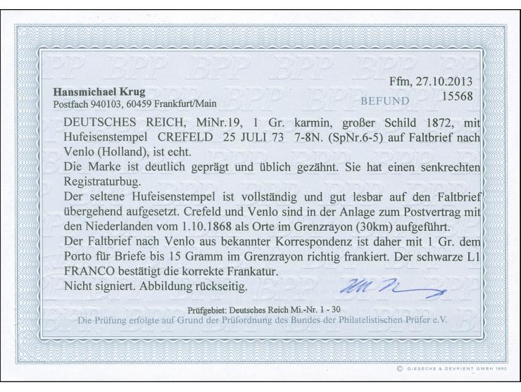 “CREFELD 25.JULI.73” (Spalink 6-5) klar auf großer Schild 1 Gr. karmin als tarifgerechte Einzelfrankatur auf kpl. Faltbrief m