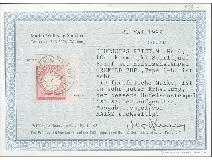 “CREFELD BHF. 1.FEBR.72” (Spalink6-8) klar auf kleiner Schild 1 Gr. karmin auf Briefkuvert mit rückseitig geprägtem Absenderv
