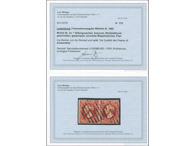 1852, 1 sgr. brown red, horizontal pair with ample to large margins, neattly cancelled by circle of bars, very fine. Opinion 
