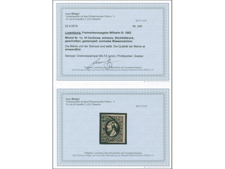 Wiltz, target in green on 1852, 10 c. gray black, vf, Opinion Böttger BPP (2018)