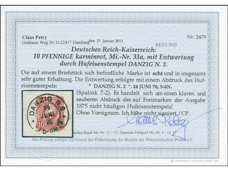 “DANZIG N.2 24.JUNO.76" (Spalink 7-1) sehr klar und zentrisch auf Ausgabe 10 Pfge karminrot auf Briefstück in tadelloser Erha