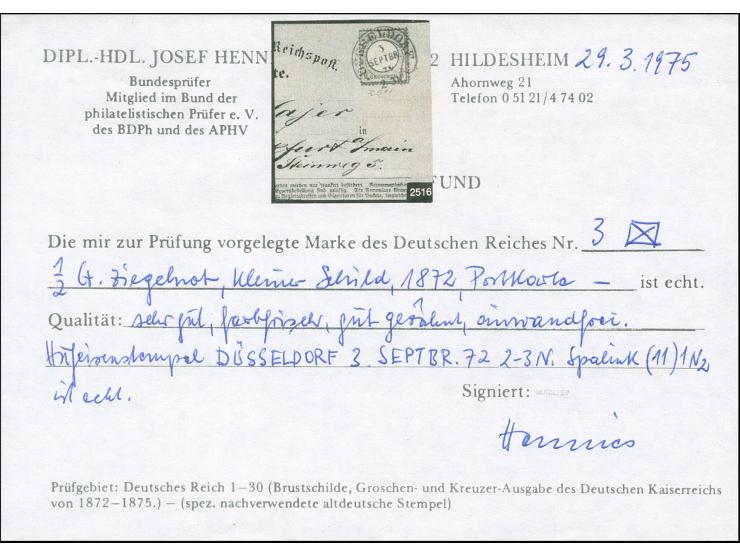 “DÜSSELDORF 3.SEPTBR.72” (Spalink 11-1N2) sehr klar auf kleiner Schild ½ Gr. ziegelrot auf amtlichem Postkarten-Formular nach