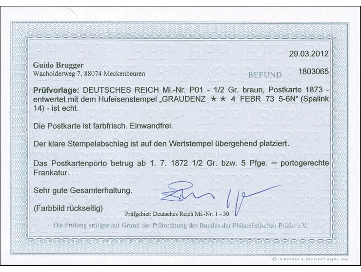 “GRAUDENZ 1.OCTBR.75” (Spalink 14) sehr klar auf Ganzsachenkarte ½ Gr. nach Berlin in einwandfreier Erhaltung. Eine recht spä