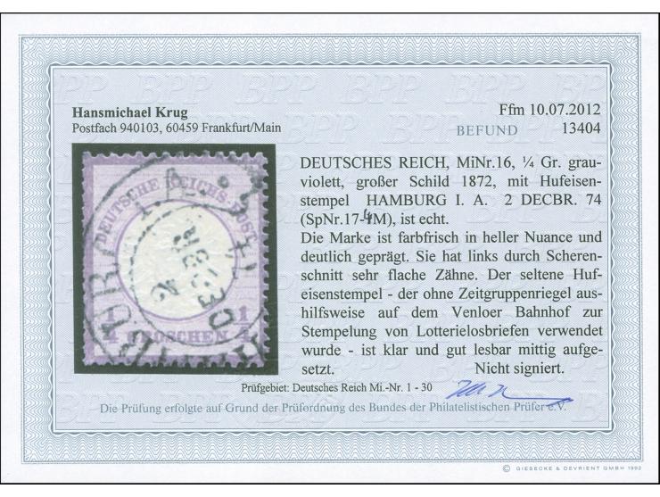 “HAMBURG I.A. 2. DECBR.74” ohne Zeitgruppenriegel (Spalink 17-4M) klar und mittig auf großer Schild ¼ Gr. violett. Die farbfr