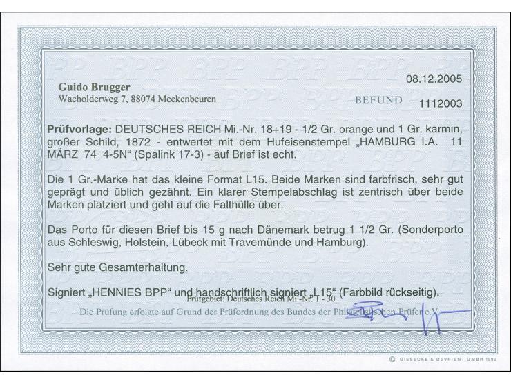“HAMBURG I.A. 11.MÄRZ.74" (Spalink 17-3) klar auf großer Schild ½ Gr. orange und 1 Gr. karmin im Format L15 als tarifgerechte