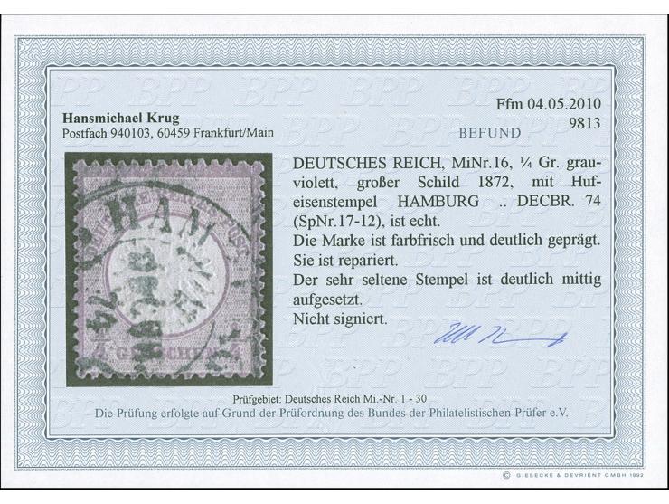 “HAMBURG-L.E. …DECBR.74” (Spalink 17-11) recht klar auf großer Schild ¼ Gr. violett. Die optisch ansprechende Marke ist repar
