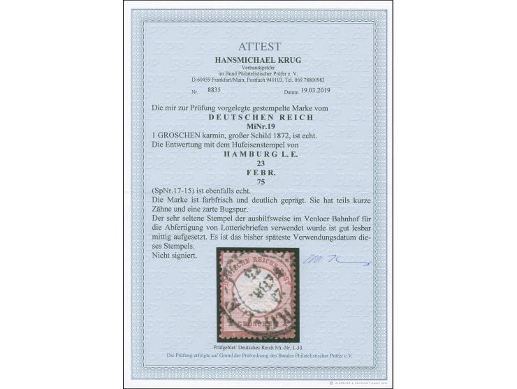 “HAMBURG-L.E. 23.FEBR.75” (Spalink 17-15, klare und fast &nbsp;mittig auf großer Schild 1 Gr. karmin. Die farbfrische Marke i
