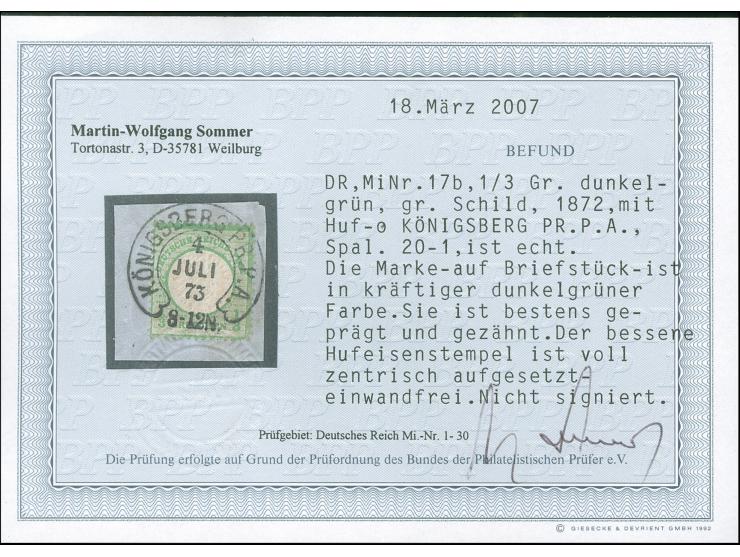 “KÖNIGSABERG PR. P.A. 4.JULI.73” (Spalink 20-1) sehr klar und kpl. auf großer Schild ⅓ Gr. dunkelgrausmaragdgrün auf Briefstü