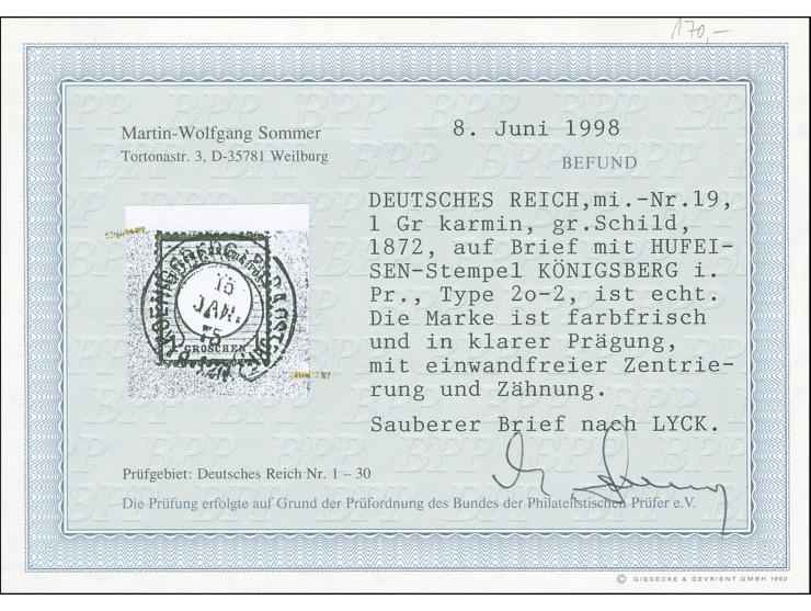 “KÖNIGSBERG i. PR. P.A. OSTBHF. 16.JAN.75” (Spalink 20-2) klar auf großer Schild 1 Gr. karmin auf kpl. Faltbrief nach Lyck mi