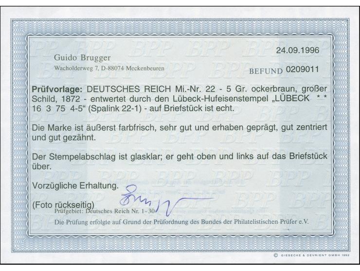 “LÜBECK 16.3.75” (Spalink 22-1) sehr klar und kpl. auf großer Schild 5 Gr. ockerbraun auf Briefstück. Die farbfrische Marke i