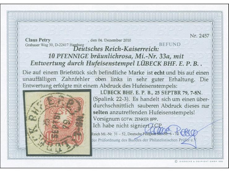 “LÜ'BECK BHF. E.P.B. 25.SEPTR.79” (Spalink 22-3) sehr klar und kpl. auf Ausgabe 1875 10 Pfge bräunlichrosa auf Briefstück. Di