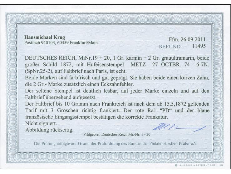 “METZ 21.OCTBR.74” (Spalink 25-2) zweimal klar auf großer Schild 1 und 2 Gr. als tarifgerechte Frankatur auf kpl. Faltbrief n