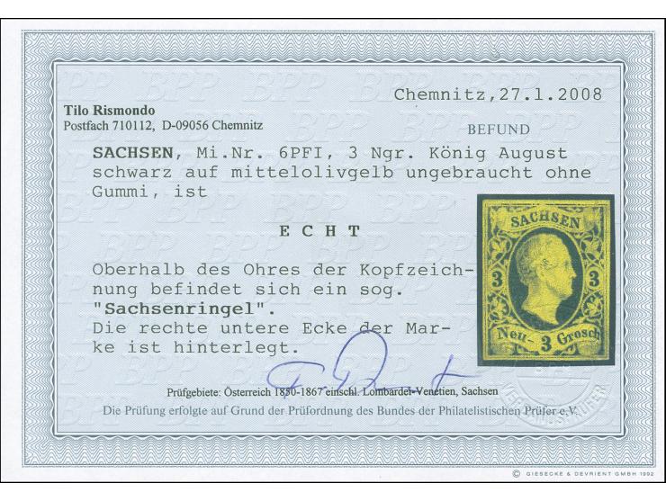3 Ngr. a. gelb mit 'Sachsenringel' im Schläfenbereich, voll- bis breitrandig, ungebraucht ohne Gummi. Rückseitig kleine Hinte