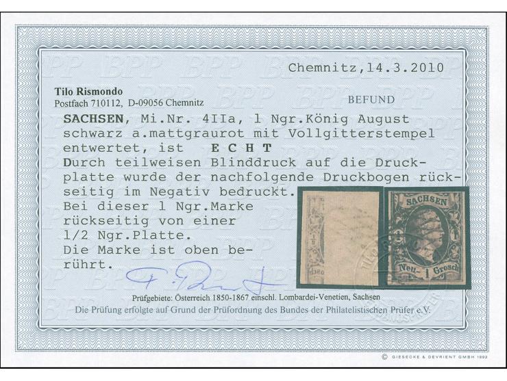 1 Ngr. a. mattgraurot, rückseitig mit teilweisem Abklatsch des ½ Ngr.-Wertes, oben leicht berührt, sauber entwertet durch Vol