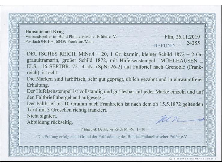 “MÜHLHAUSEN i. ELS. 16.SEPTBR.72” (Spalink 26.2) zweimal klar auf großer Schild 1 und 2 Gr. als tarifgerechte Frankatur auf k