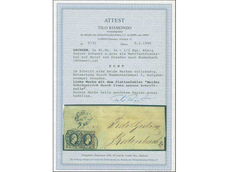 ½ &nbsp;Ngr. a. mattgrau mit Plattenfehler 'weißer Strichdurch linke untere Schriftrolle', zusammen mit Normalwert, beide vol