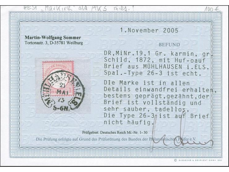 “MÜHLHAUSEN i. ELS. 21.MAI.73” (Spalink 26-3) klar auf großer Schild 1 Gr. karmin auf kpl. Faltbrief nach Markirch mit rückse