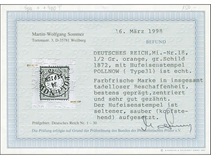 “POLNOW 24.SEPTBR.73” (Spalink 31) klar und kopfstehend auf großer Schild ½ Gr. orange. Die farbfrische Marke ist gut geprägt