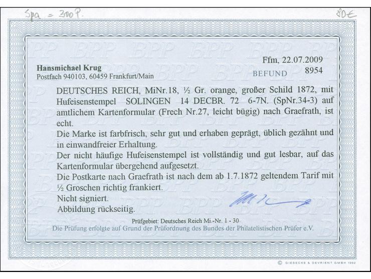 “SOLINGEN 14.DECBR.72" (Spalink 34-3) auf großer Schild ½ Gr. orange auf amtlichem Postkartenformular nach Graefrath mit Anku