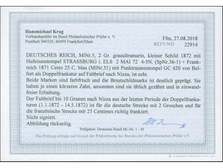 “STRASSBURG i. ELS. 2.MAI.72” (Spalink 36-1) klar auf kleiner Schild 2 Gr. grauultarmarin auf kpl. Faltbrief via Belfort mit 