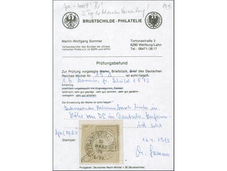 “STRASSBURG i. ELS. BHF. 19.MÄRZ.74” (Spalink 36-2N) klar und kpl. auf großer Schild 1 Gr. karmin auf Briefstück. Die farbfri