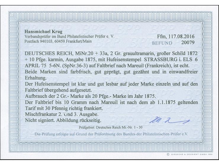 “STRASSBURG i. ELS 6.ABRIL.75” (Spalink 36-3) zweimal klar auf großer Schild 2 Gr. grauultramarin und Ausgabe 1875 10 Pfge ka