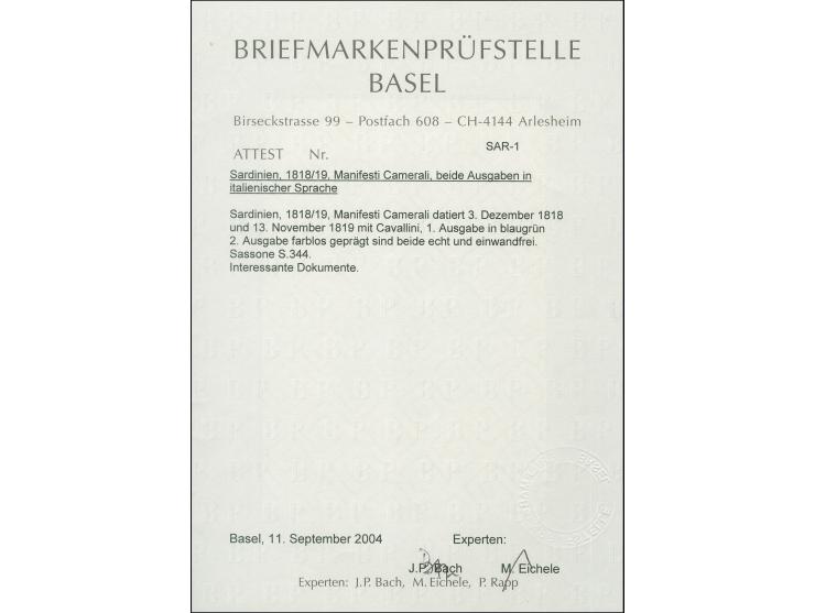 1818/19, Cavallini, official announcements for both issues with strikes of all original dies