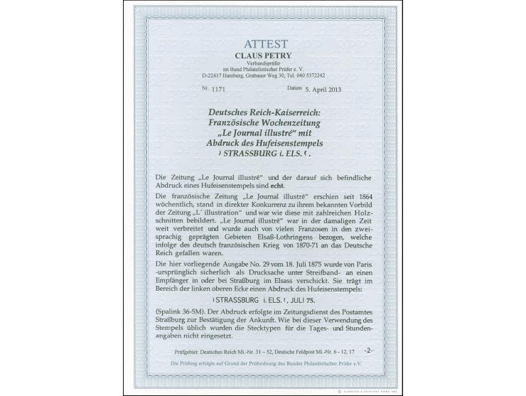 “STRASSBURG i. ELS.” ohne Datums- und Jahreszahl (Spalink 36-5MN) auf kpl. Zeitung “Le Journal illustre” (Ausgabe 29 vom 18.J