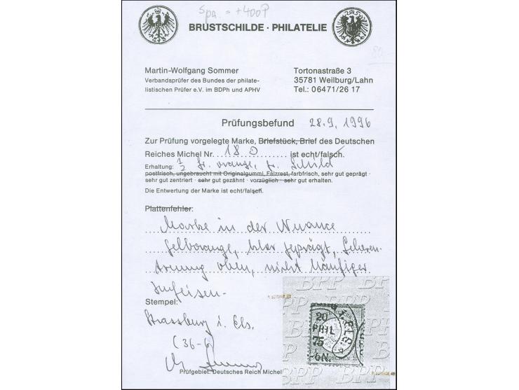 “STRASSBURG i. ELS. 20.APRIL.75” &nbsp;(Spalink 36-6) klarer Teilababschlag auf großer Schild ½ Gr. orange. Die farbfrische M