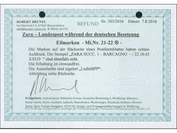 1943, 1,25 L. grün und 2,50 L. dunkelrotorange, mit Stempel “ZARA 22.10.43” auf zwei Briefstücken, tadellos, sign. Ludin BPP,