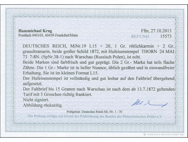 “THORN 24.MAI.73” (Spalink 38-1) klar auf großer Schild 1 Gr. karmin im Format L15 und 2 Gr. grauultramarin als tarifgerechte