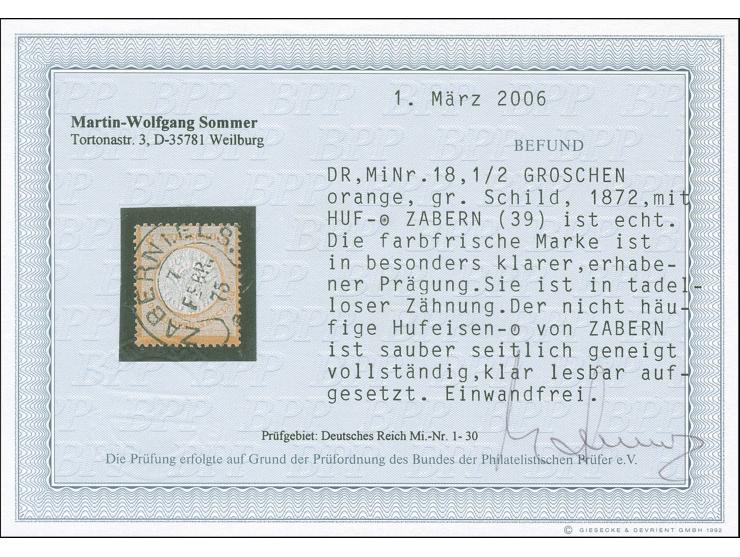 “ZABERN i. ELS. 7.FEBR.75” (Spalink 41) sehr klar und fast kpl. auf großer Schild ½ Gr. orange. Die farbfrische Marke ist seh