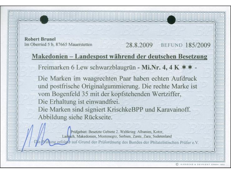 1944, 9 L. auf 15 St., im waagerechten Paar von Aufdruckfeld 34 und 35 auf der rechten Marke mit kopfstehender Wertziffer 9, 