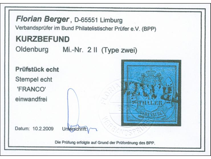 1852, 1/30 Th. auf blau, Type II, allseits voll- bis breitrandig mit schwarzem L1 “FRANCO”, in einwandfreier Erhaltung, Fotob