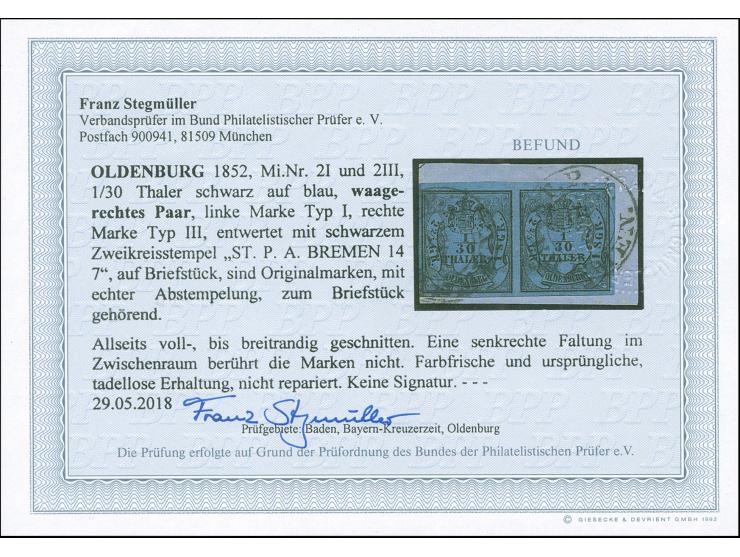 1852, 1/30 Th. auf blau, Type I und II im waagerechten Typenpaar, allseits voll- bis breitrandig, je mit schwarzem DKr. “ST.P