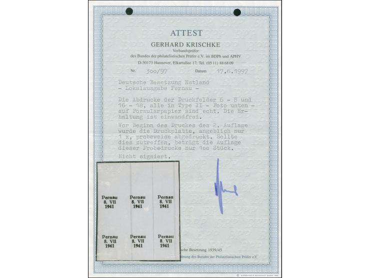 1941, Probedruck in Type II auf Formularpapier, Sechserblock von den Aufdruckfeldern 6-8 sowie 16-18, Auflage vermutlich nur 