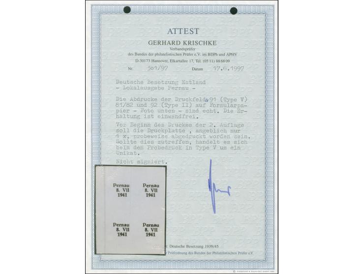 1941, Probedruck in Type II auf Formularpapier, Viererblock von den Aufdruckfeldern 81/82 und 91/92 - Feld 91 mit Type V Jahr