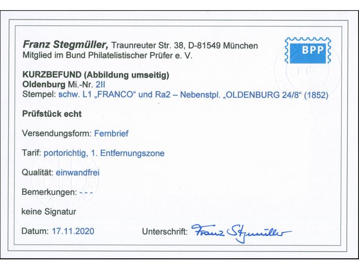 1852, 1/30 Th. auf blau, Type II, allseits voll- bis breitrandig mit schwarzem L1 “FRANCO” auf Faltbriefhülle mit schwarzem R