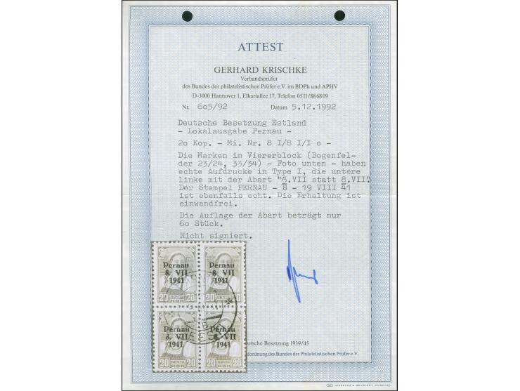 1941, 20 Kop. schwarzgelbgrün, im Viererblock mit Aufdruckfehler I “Kopf der 9 links oben ausgebrochen” (Aufdruckfeld 33) auf
