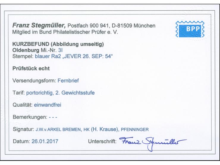 1852, 1/15 Th. auf rosa, Type I, allseits voll- bis breitrandig mit blauem Ra2 “JEVER 26.SEP.54” auf kpl. Faltbrief nach Brin