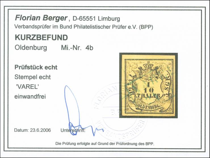 1852, 1/10 Th. auf hellolivgelb, allseits voll- bis breitrandig mit blauem Ra1 “VAREL 24.10.”. Die farbfrische Marke ist in e