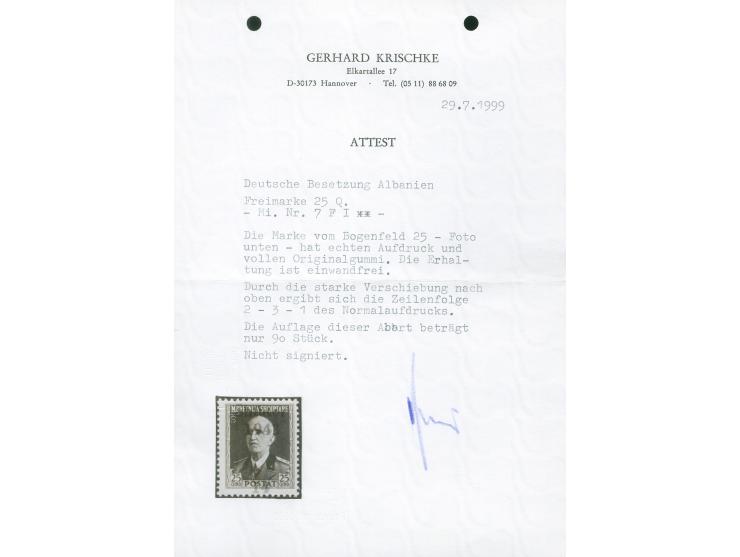 1943, 25 Q. dunkelultramarin, mit Aufdruckverschiebung nach oben und somit Zeilenfolge 2 - 3 - 1 des Normalaufdrucks, postfri