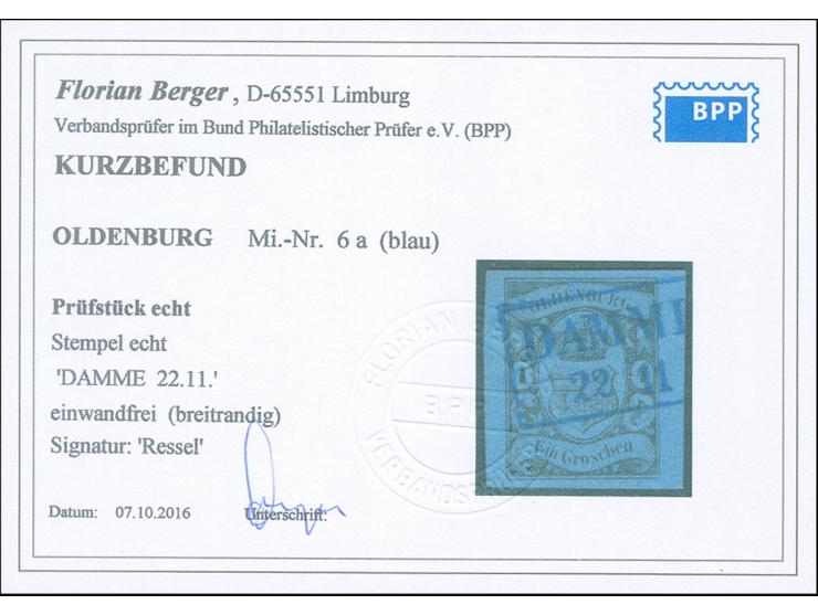 1859/61, 1 Gr. auf blau, allseits breit- bis sehr breitrandig mit klarem, blauen Ra2 “DAMME 22.11.”. Die farbfrische Marke is