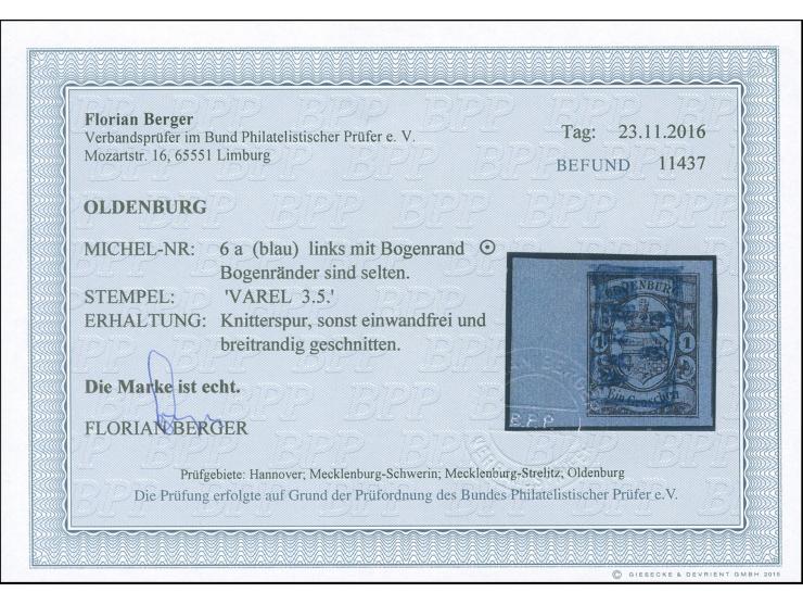 1859/61, 1 Gr. auf blau, allseits breitrandig mit 12 mm Bogenrand links, mit blauem Ra2 “VAREL 3.5.” entwertet. Die farbfrisc