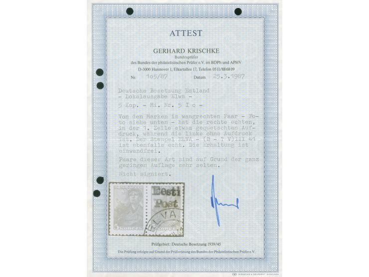 1941, 5 Kop. dunkelbräunlichrot, waagerechtes Paar, dabei die linke Marke ohne Aufdruck, gestempelt, tadellos, signiert, Foto