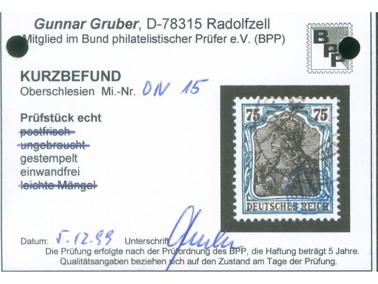 1920, Germania 75 Pfg. schwarzblaugrün/gelbschwarz, gestempelt, tadellos, Kurzbefund Gruber BPP (1999)