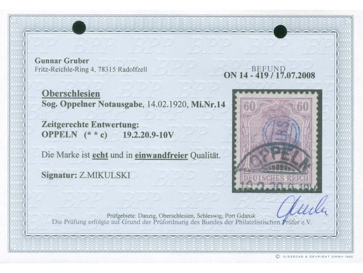 1920, Germania 60 Pfg. dunkelgraulila, sauber gestempelt “OPPELN 19.2.20", tadellos, sign. Mikulski, Fotobefund Gruber BPP (2