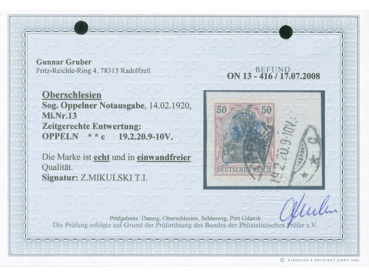 1920, Germania 50 Pfg. dunkelgraulila/schwarz, gestempelt “OPPELN 19.2.20 9-10V" auf Briefstück, tadellos, sign. Mikulski, Fo