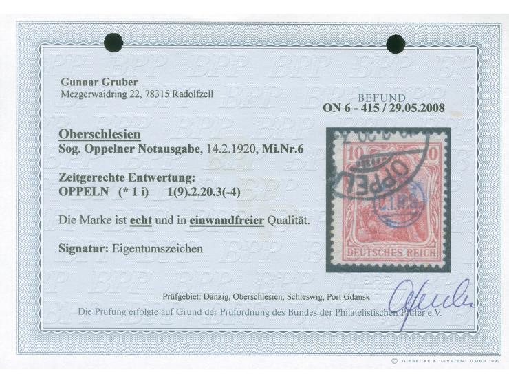 1920, Germania 10 Pfg. rotkarmin, gestempelt “OPPELN 19.2.20", wenige Zähne fleckig sonst tadellos, Eigentumszeichen, Fotobef